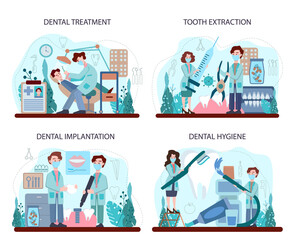 Dentist concept set. Dental doctor in uniform treating human teeth using