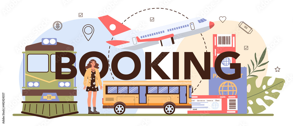 Wall mural booking typographic header. buying a ticket for plane, bus or train. car sharing