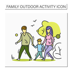 Family walk color icon. Parents and kid walking in park. Outdoor family activity concept. Parenthood and relationship sign. Mother and father with son. Isolated vector illustration