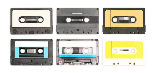 Six different Old Vintage Audio cassette tapes on a white background