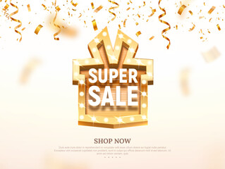 Super sale gift box like golden retro board broadway sign vector illustration. Special offer discount with confetti on light background 