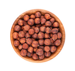 Pile of brown chickpeas in wooden bowl, isolated on white background. Brown chickpea. Garbanzo, bengal gram or chick pea bean. Top view.