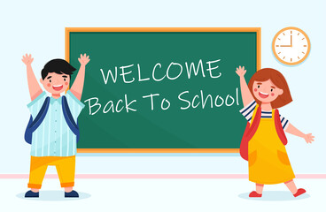 Welcome back to school concept. Smiling kids with backpacks in the classroom with chalkboard and clock.Flat cartoon style vector illustration.  Cute characters, young boy and girl in different poses