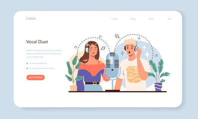 Singer web banner or landing page. Performer singing with microphone on stage