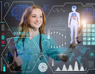 Doctor in futuristic medical concept pressing button