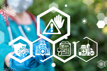 Medical concept of attention, danger, threat situation. Doctor or nurse touch virtual icon a...