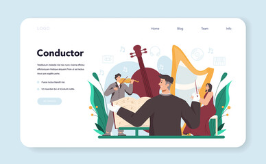 Professional conductor with musicians playing musical instruments web banner