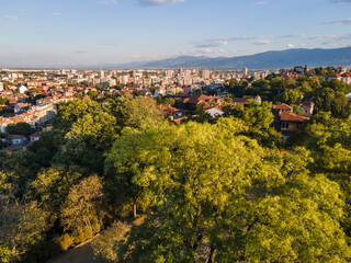 Aerial sunset cityscape of City of Plovdiv, Bulgaria