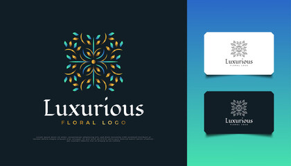 Luxury Floral Logo in Blue and Gold. Flower Ornament Logo, Suitable for Spa, Beauty, Florists, Resort, or Cosmetic Product Brand Identity