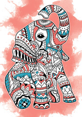Colorful Mandala Elephant with Watercolor Background