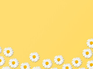 Daisy flowers Template for posters and banners with copy space Photo in minimal style Chamomiles scattered on yellow table