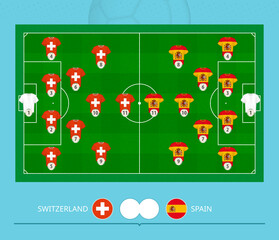 Football match Switzerland versus Spain, teams preferred lineup system on football field.