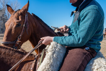 Argentine gaucho on horseback, using cell phone
