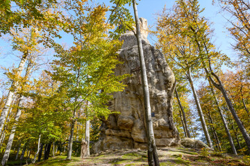 Dovbush rocks, group of rocks, natural and man-made caves carved into stone in the forest, named after the leader of the opryshky movement Oleksa Dovbush, Ukraine.