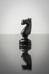 the knight chess piece on white background with reflection in table.