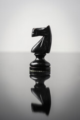 the knight chess piece on white background with reflection in table.