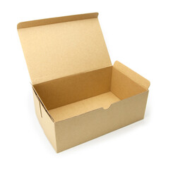 Cardboard box with flip open lid, lid open, isolated on white.