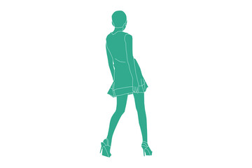 Vector illustration of elegant woman posing looks from behind, Flat style with outline