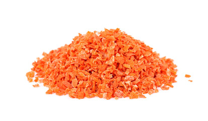 Dry carrot isolated on the white background. Chopped dried carrot. Spices and herbs.