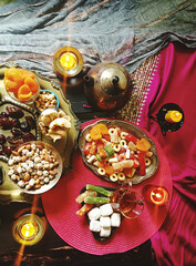 Eastern sweets table with bright purple red background