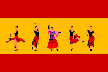 Attractive Spanish girl flamenco dancer vector illustration over Spain flag. Hispanic woman with castanets hot dance. Traditional folklore in Spain. Sensual salsa lady in movement culture performer.
