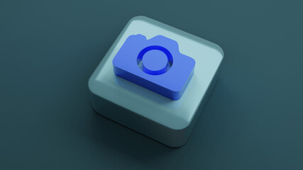 camera icon on square shape , 3d rendering