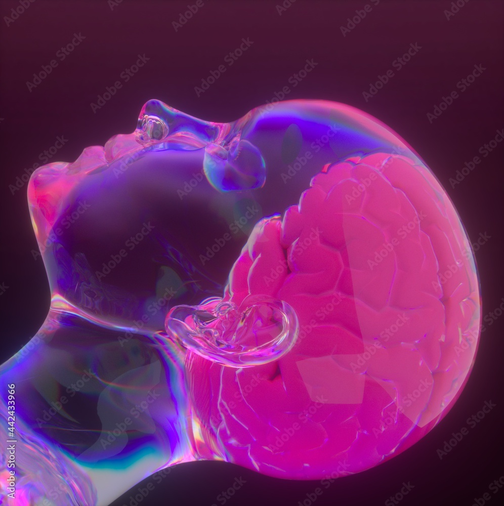 Aufkleber Conceptual 3D illustration of artificial intelligence. Robot head made of transparent material with a brain.