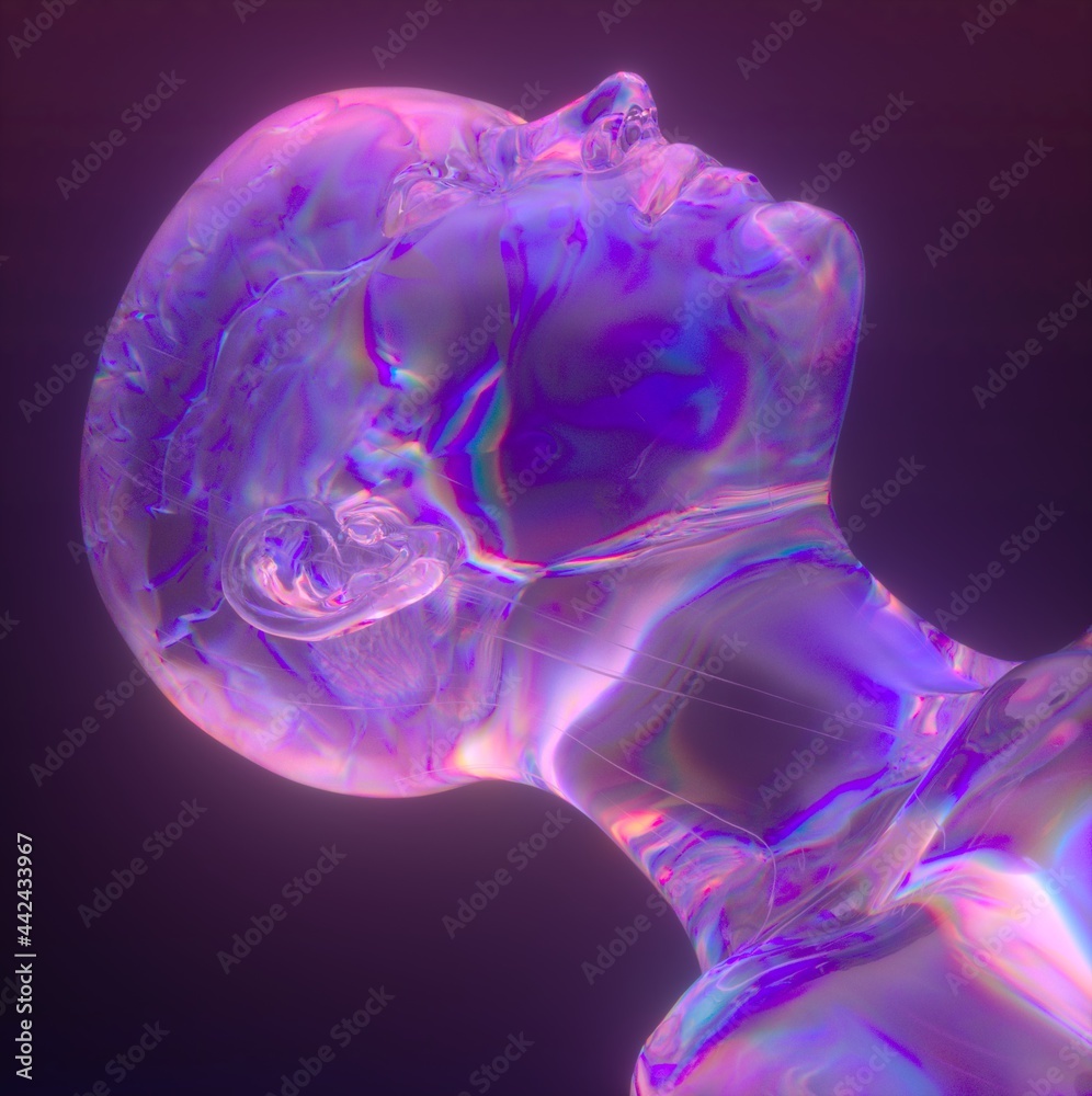 Aufkleber Conceptual 3D illustration of artificial intelligence. Robot head with a brain made of transparent holographic material.