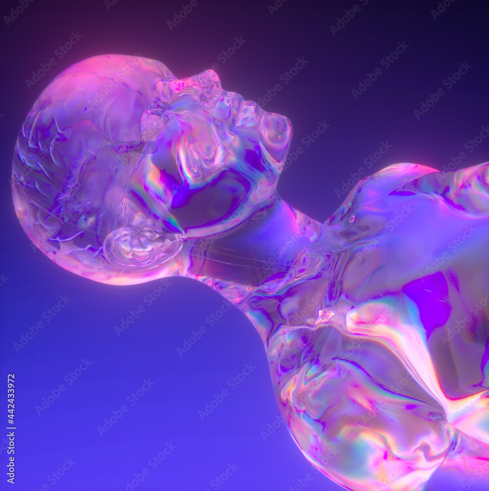 Poster Conceptual 3D illustration of artificial intelligence. Robot head with a brain made of transparent holographic material.