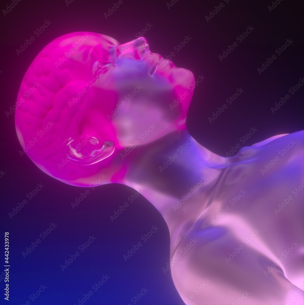 Poster Conceptual 3D illustration of artificial intelligence. Robot head made of transparent material with a brain.