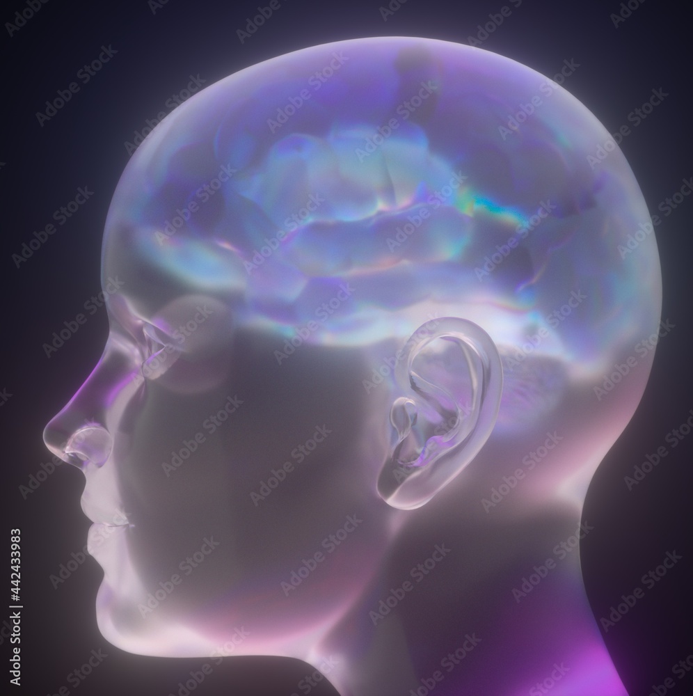 Aufkleber Conceptual 3D illustration of artificial intelligence. Robot head with a brain made of transparent holographic material.