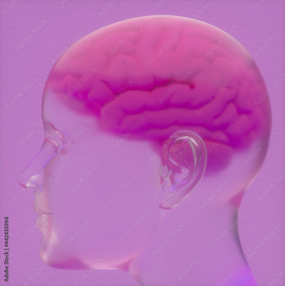 Poster Conceptual 3D illustration of artificial intelligence. Robot head made of transparent material with a brain.