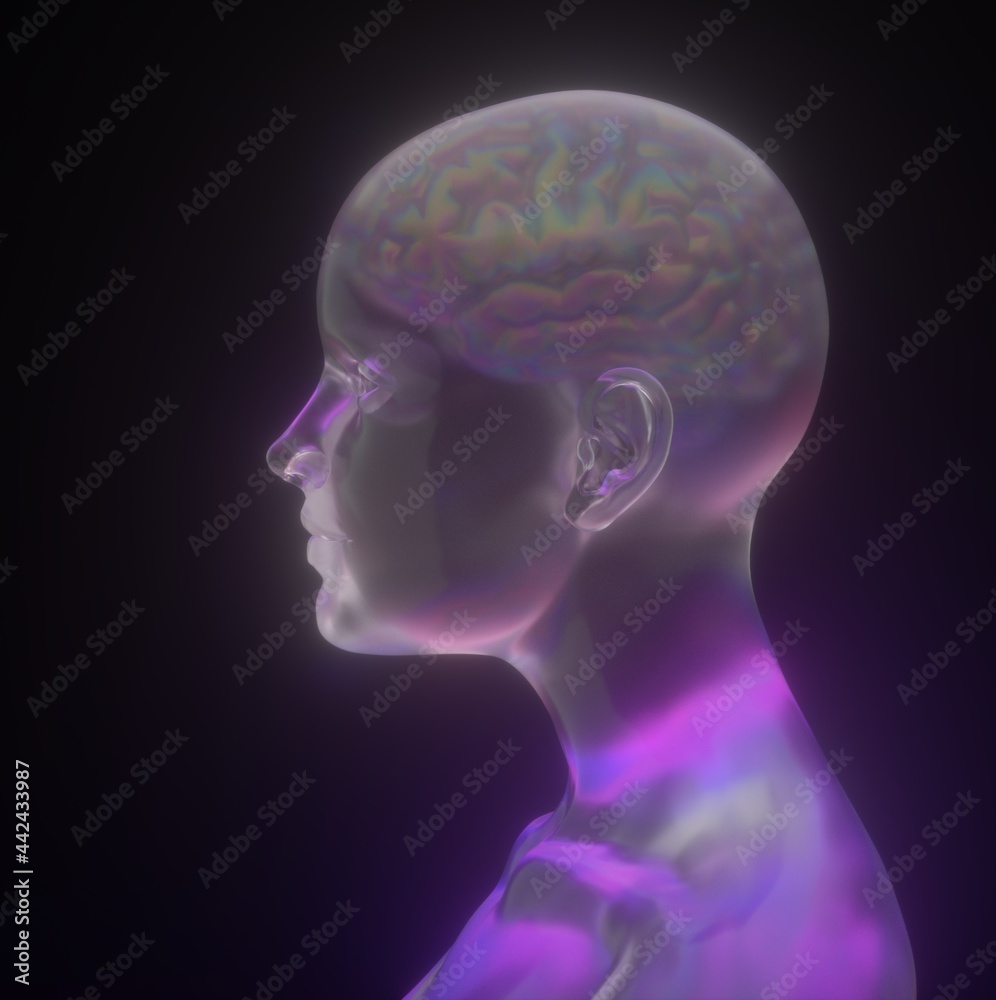 Poster Conceptual 3D illustration of artificial intelligence. Robot head with a brain made of transparent holographic material.