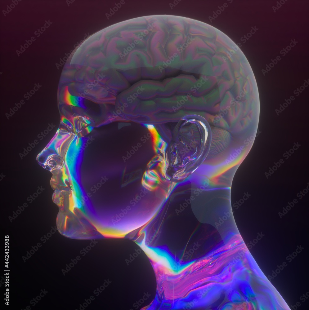 Aufkleber Conceptual 3D illustration of artificial intelligence. Robot head with a brain made of transparent holographic material.