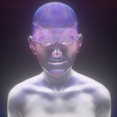 Conceptual 3D illustration of artificial intelligence. Robot made of transparent plastic material.