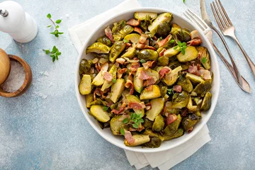 Deurstickers Brussel sprouts cooked with bacon, side dish recipe © fahrwasser