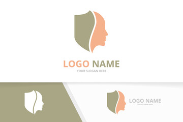 Vector shield and face logo combination. Security and man logotype design template.