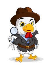 Cartoon detective chicken holding magnifying glass