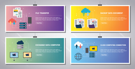 Web banners template in vector with icons of file transfer, backup data document, exchange data computer and cloud computing. Flat design icons in vector illustration.