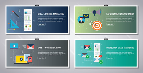Web banners template in vector with icons of digital marketing, experience and safety communication, protection email marketing. Flat design icons in vector illustration.
