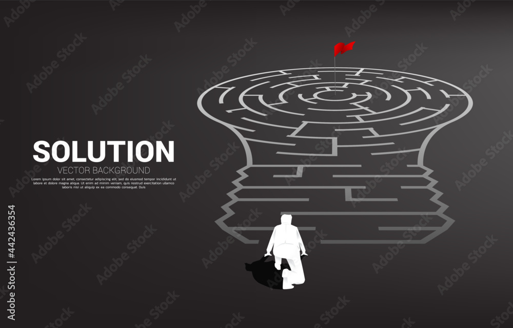 Poster Silhouette of businessman ready to go to Light bulb with from maze game. Business concept for problem solving and finding idea.