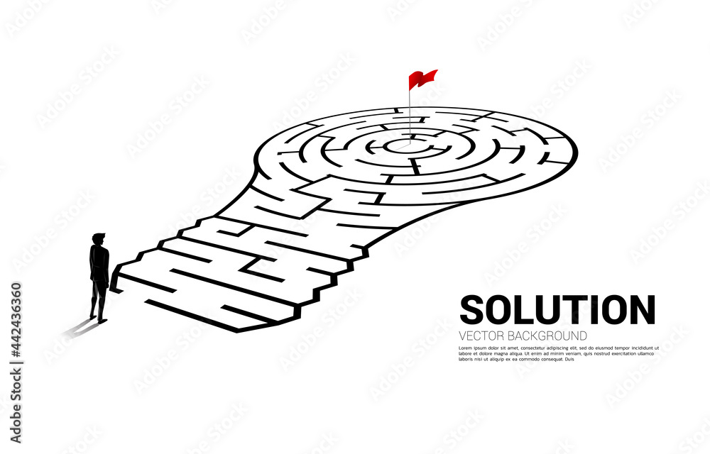 Poster Silhouette of businessman standing with Light bulb with from maze game. Business concept for problem solving and finding idea.