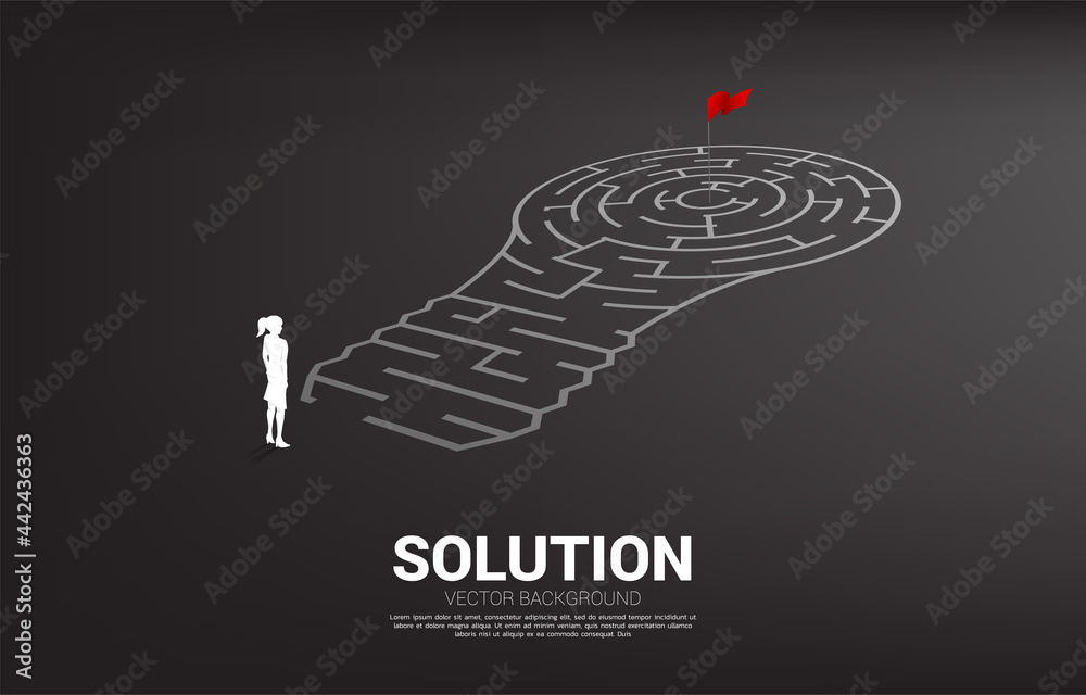 Poster Silhouette of businessman standing with Light bulb with from maze game. Business concept for problem solving and finding idea.