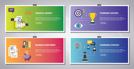 Web banners template in vector with icons of financial market, teamwork success, business investment and teamwork strategy. Flat design icons in vector illustration.