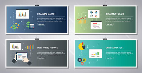 Web banners template in vector with icons of financial market, investment chart, monitoring finance and chart analytics. Flat design icons in vector illustration.