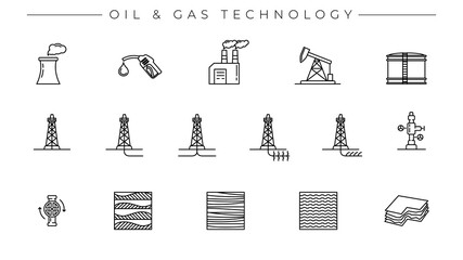 Oil and Gas Technology concept line style vector icons set - obrazy, fototapety, plakaty