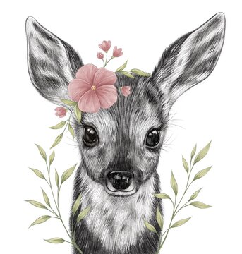 Cute deer illustration. Baby deer with flowers. Realistic illustration. Black and white.