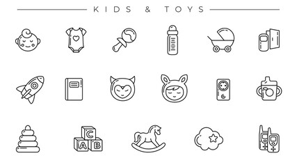 Kids and Toys concept line style vector icons set.