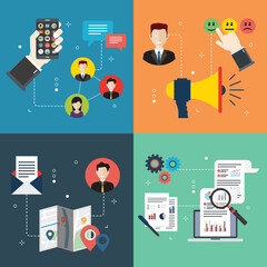 Marketing, communication, social media, relationship and metrics icons. Concepts of social marketing, relationship marketing, proximity marketing and communication metrics. Flat design icons in vector