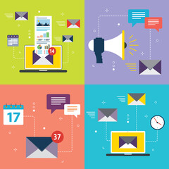 E-mail marketing, communication, notification, computer and marketing icons. Concepts of email marketing, internet communication, notification email and email inbox.Flat design icons in vector illustr